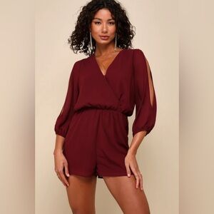 Lulus Romper Womens Sz M Luck & Love Burgundy 3/4 Slit Sleeve Surplice Neck* NWT